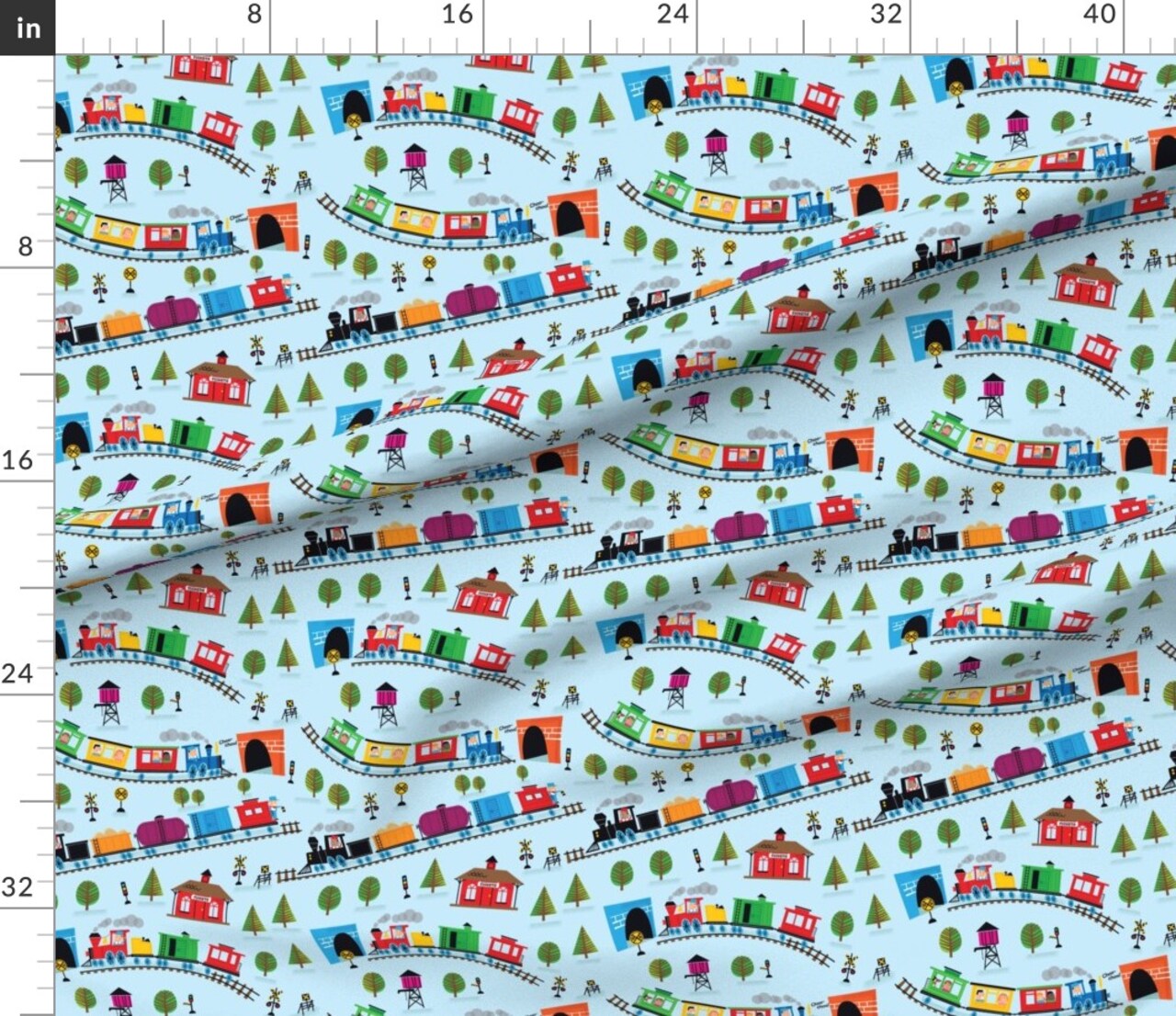 Trains, Blue, Nursery, Railroad, Rainbow, Boy, Girl, Colorful Custom Printed Fabric by Spoonflower Various Fabrics by the Yard or Fat Quarter